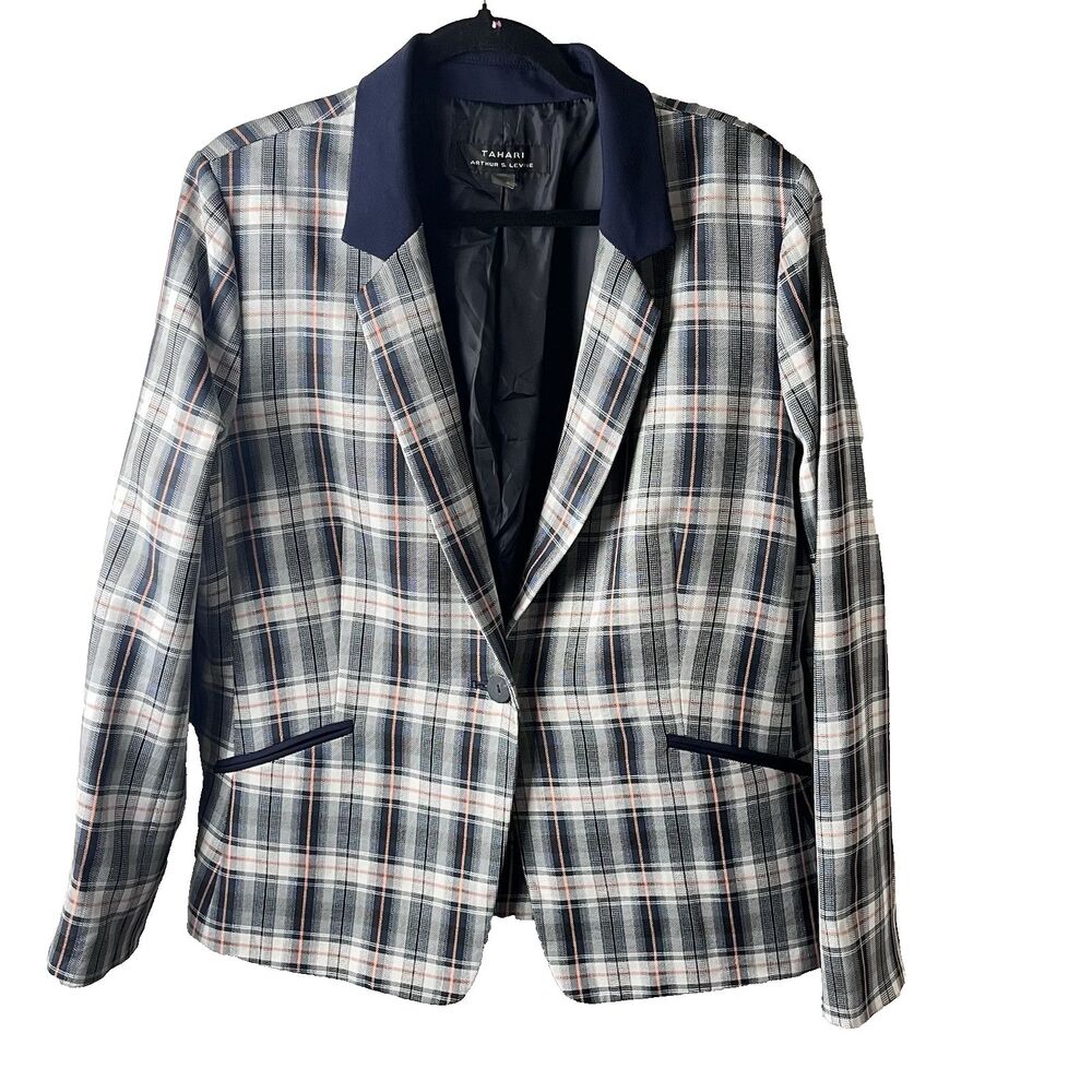 Tahari ASL Gray Navy Plaid Blazer Jacket Size 16 Preppy Clueless Old Money - Picture 2 of 9